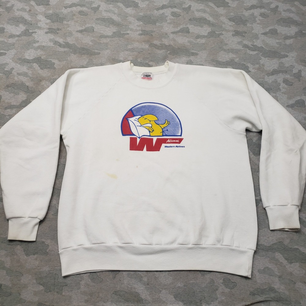 Vintage Oneita Western Airlines Sweatshirt Mens XL White Pullover Crew Neck